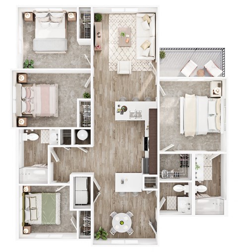 Floor plan for 4 beds, 2.5 baths, 1330 sqft
